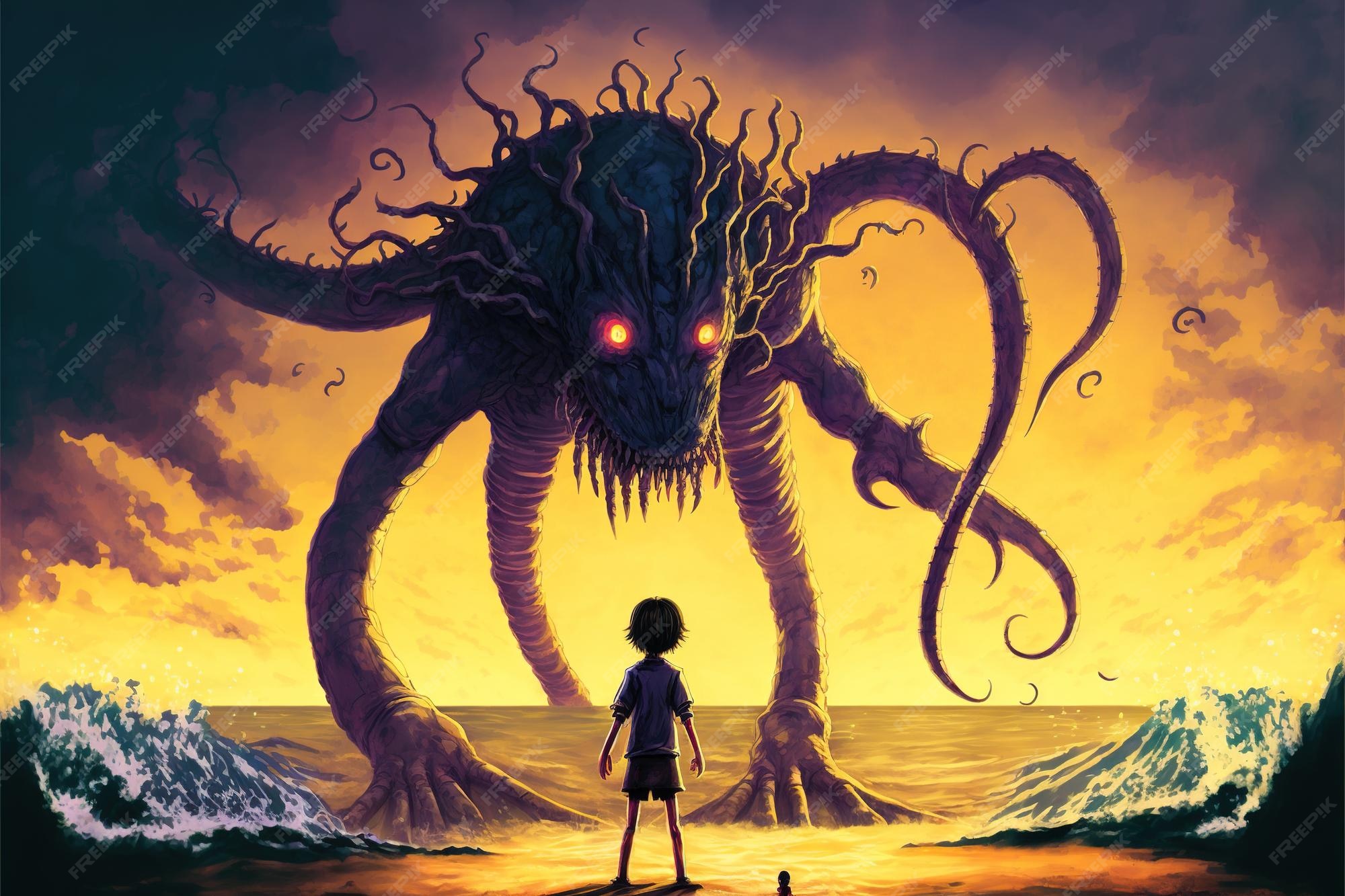 Scène de dark fantasy montrant un enfant debout sur un monstre géant ...